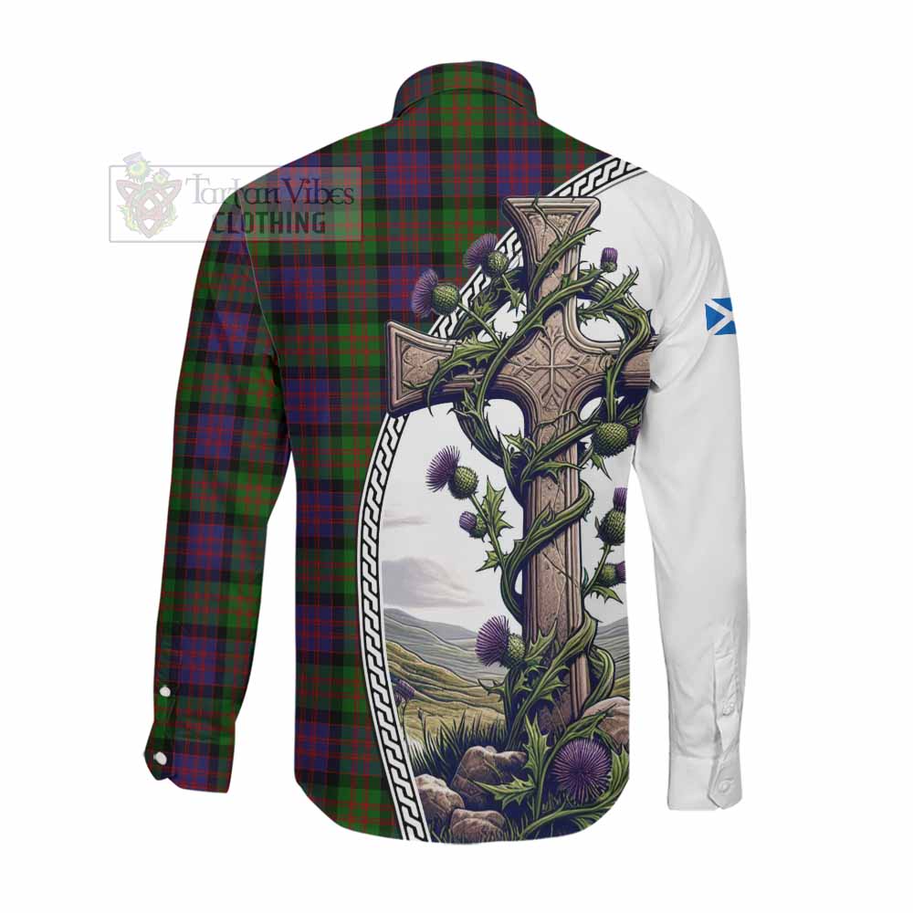 Tartan Vibes Clothing MacDonald (McDonald) Tartan Long Sleeve Button Shirt with Family Crest and St. Andrew's Cross Accented by Thistle Vines