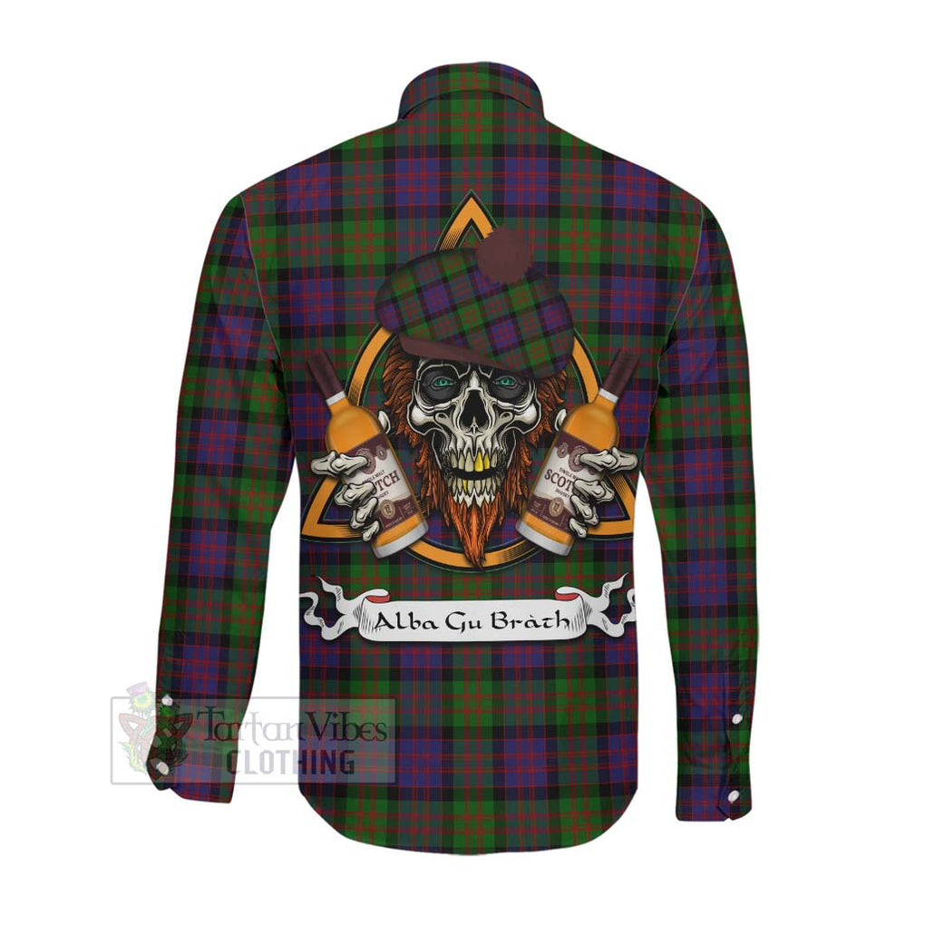 Tartan Vibes Clothing MacDonald (McDonald) Tartan Long Sleeve Button Shirt with Family Crest and Bearded Skull Holding Bottles of Whiskey