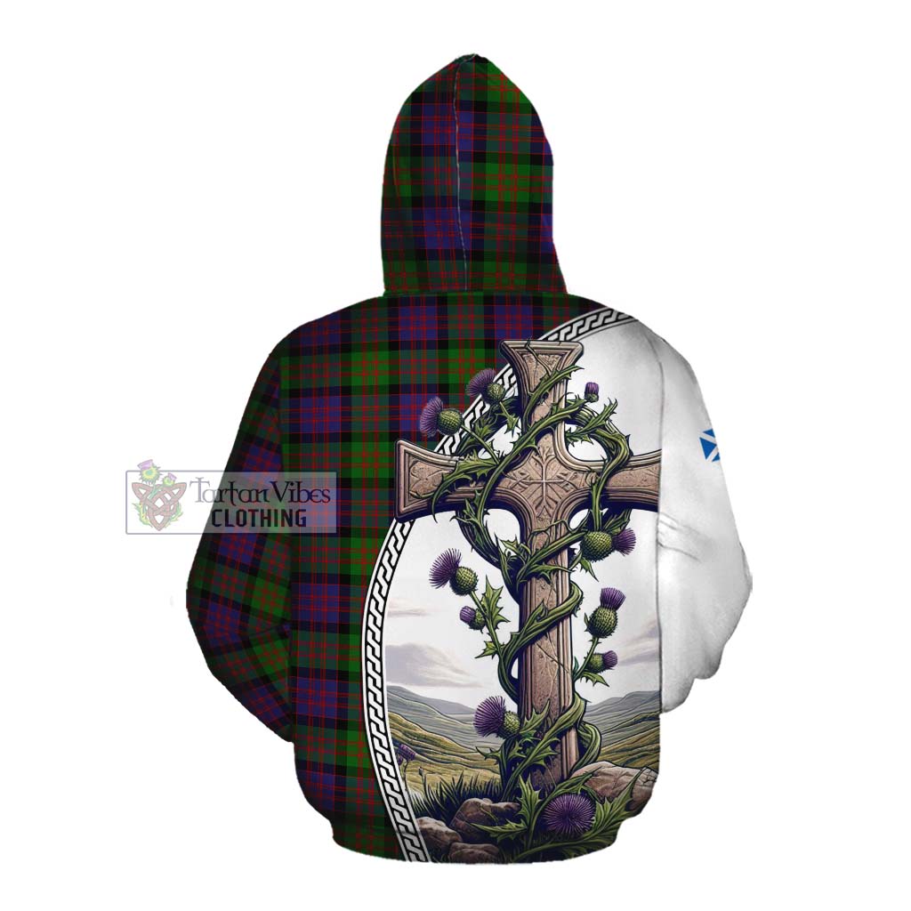 Tartan Vibes Clothing MacDonald (McDonald) Tartan Cotton Hoodie with Family Crest and St. Andrew's Cross Accented by Thistle Vines