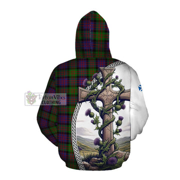Tartan Vibes Clothing MacDonald (McDonald) Tartan Cotton Hoodie with Family Crest and St. Andrew's Cross Accented by Thistle Vines