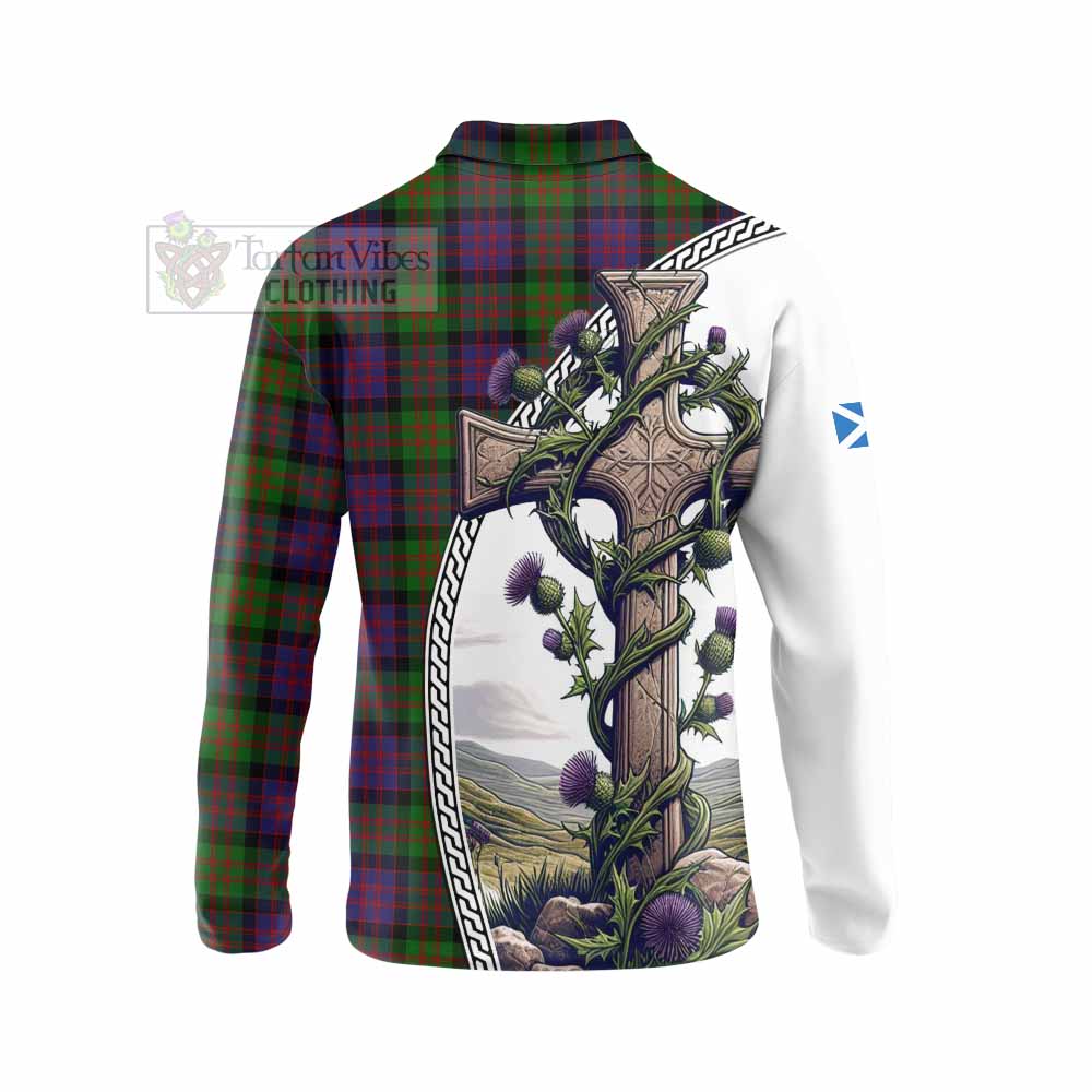 Tartan Vibes Clothing MacDonald (McDonald) Tartan Long Sleeve Polo Shirt with Family Crest and St. Andrew's Cross Accented by Thistle Vines