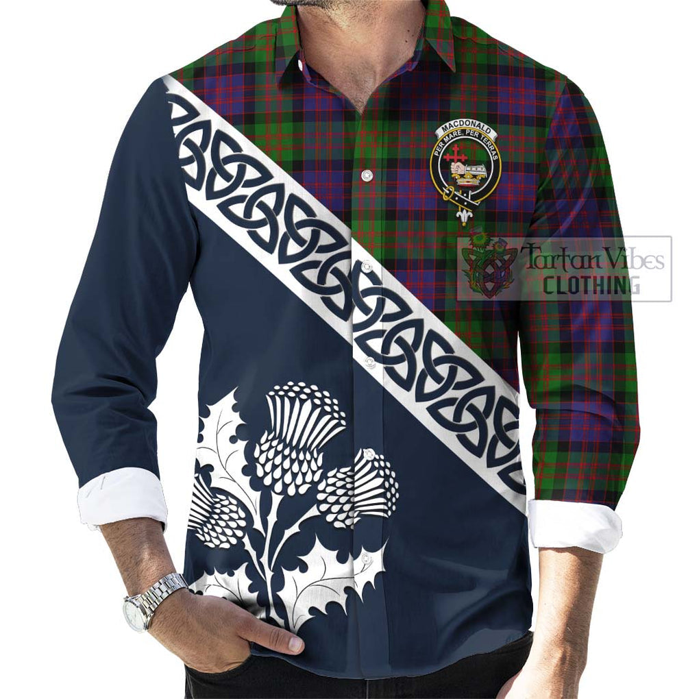 Tartan Vibes Clothing MacDonald (McDonald) Tartan Long Sleeve Button Shirt Featuring Thistle and Scotland Map