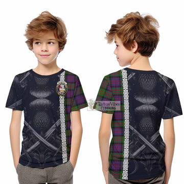 Tartan Vibes Clothing MacDonald (McDonald) Tartan Kid T-Shirt with Family Crest Cross Sword Thistle Celtic Vibes