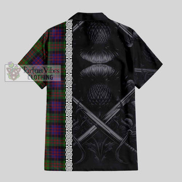 Tartan Vibes Clothing MacDonald (McDonald) Tartan Short Sleeve Button Shirt with Family Crest Cross Sword Thistle Celtic Vibes