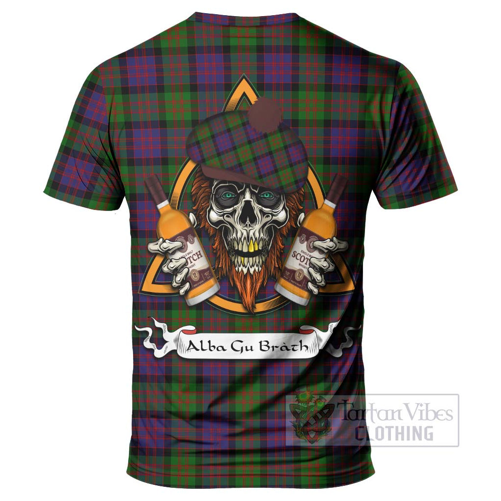 Tartan Vibes Clothing MacDonald (McDonald) Tartan T-Shirt with Family Crest and Bearded Skull Holding Bottles of Whiskey