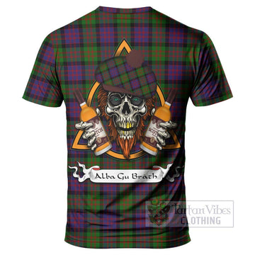 Tartan Vibes Clothing MacDonald (McDonald) Tartan T-Shirt with Family Crest and Bearded Skull Holding Bottles of Whiskey