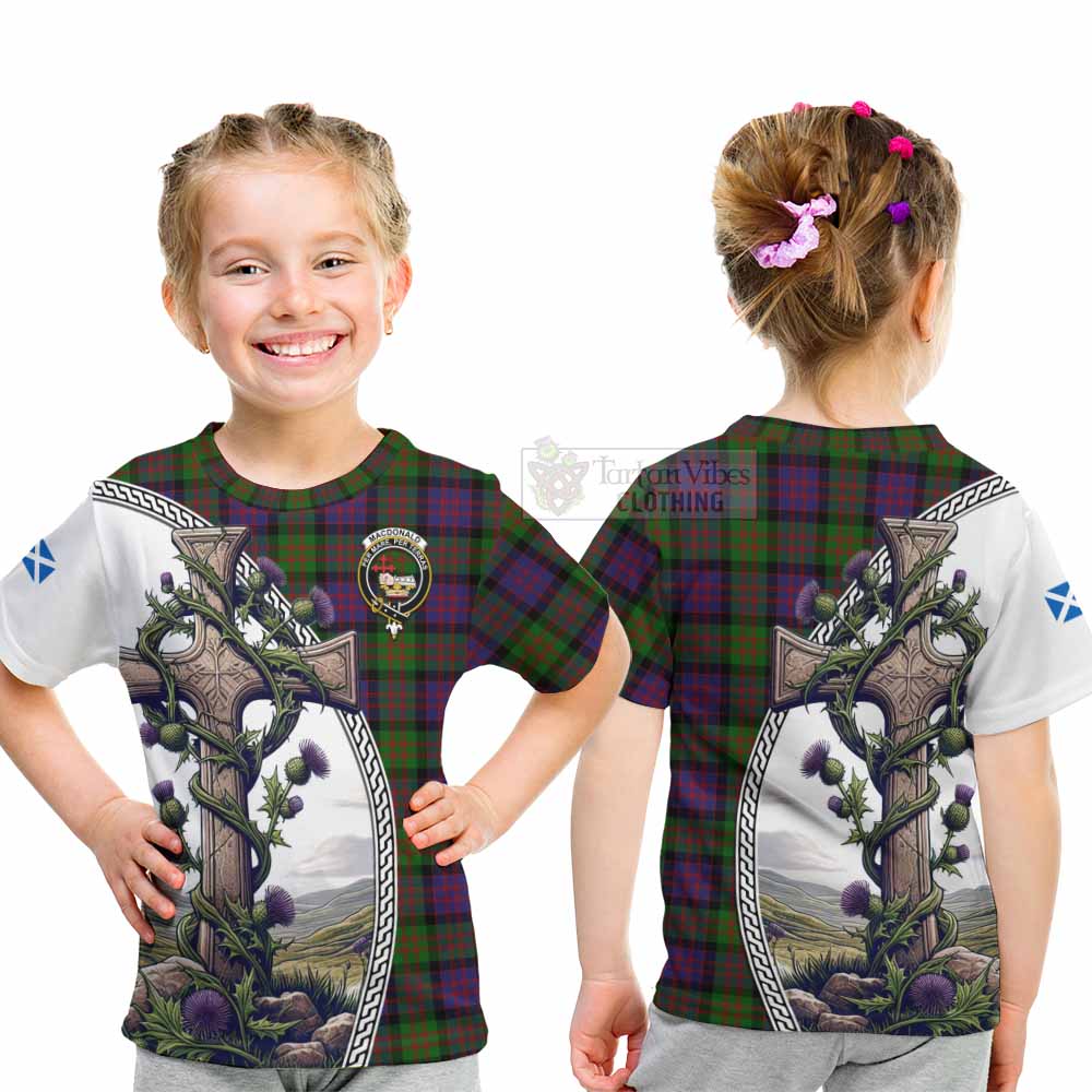 Tartan Vibes Clothing MacDonald (McDonald) Tartan Kid T-Shirt with Family Crest and St. Andrew's Cross Accented by Thistle Vines