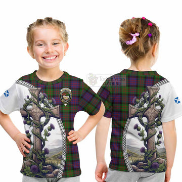 Tartan Vibes Clothing MacDonald (McDonald) Tartan Kid T-Shirt with Family Crest and St. Andrew's Cross Accented by Thistle Vines