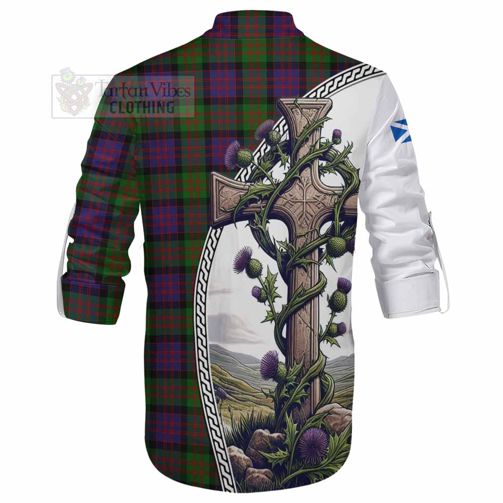 Tartan Vibes Clothing MacDonald (McDonald) Tartan Ghillie Kilt Shirt with Family Crest and St. Andrew's Cross Accented by Thistle Vines