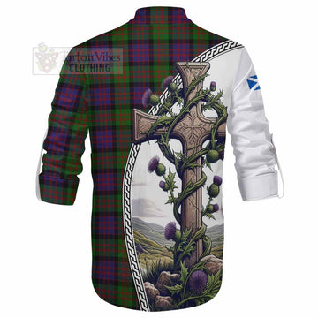 Tartan Vibes Clothing MacDonald (McDonald) Tartan Ghillie Kilt Shirt with Family Crest and St. Andrew's Cross Accented by Thistle Vines