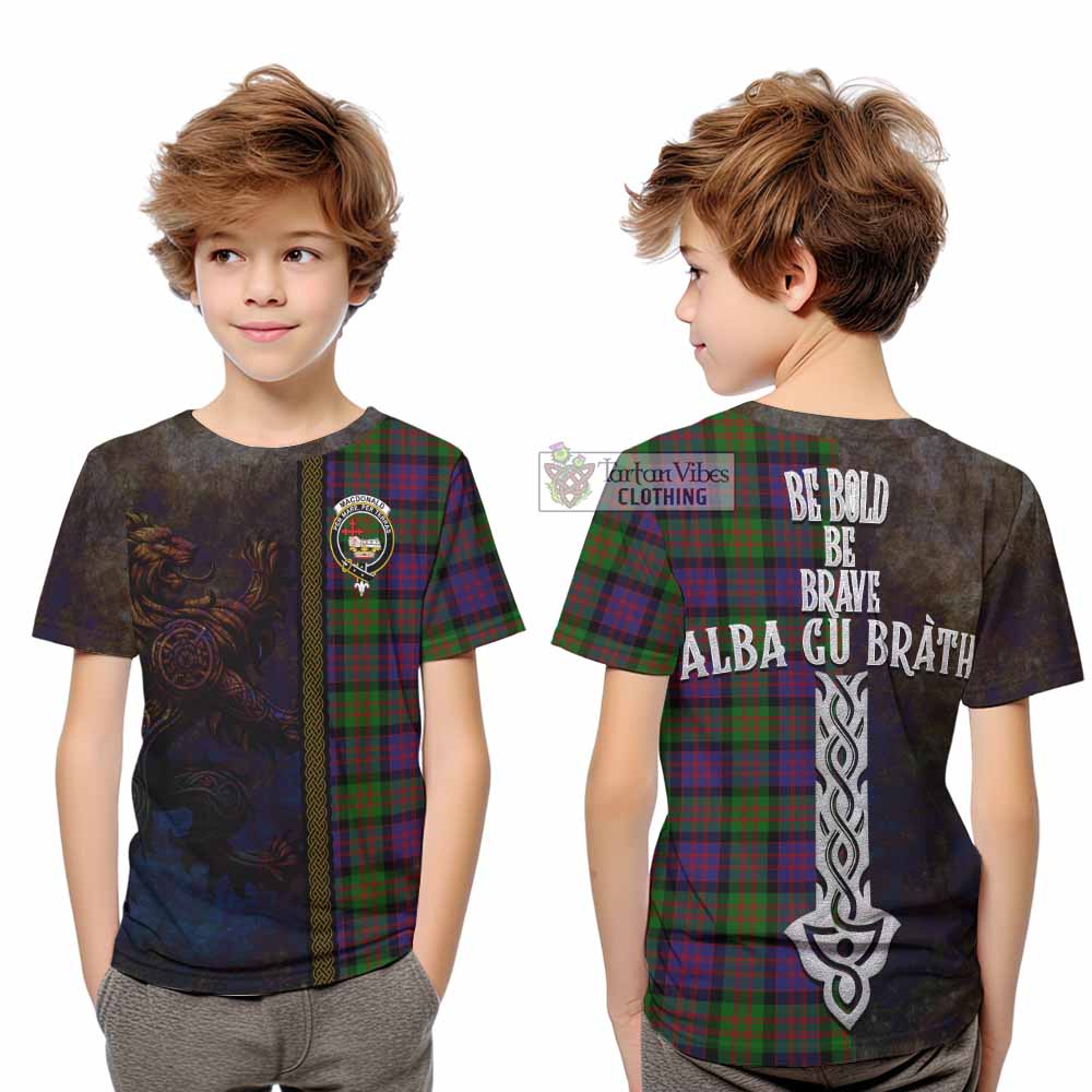 Tartan Vibes Clothing MacDonald (McDonald) Tartan Family Crest Kid T-Shirt Alba Gu Brath Be Brave Lion Ancient Style