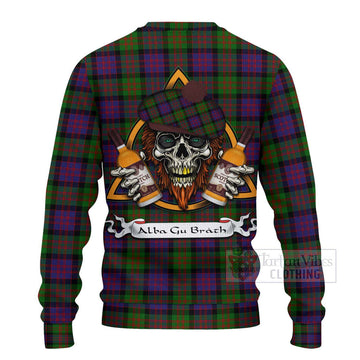 Tartan Vibes Clothing MacDonald (McDonald) Tartan Knitted Sweater with Family Crest and Bearded Skull Holding Bottles of Whiskey