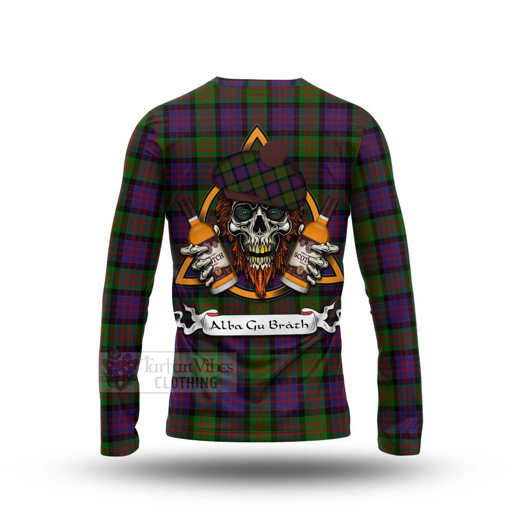 Tartan Vibes Clothing MacDonald (McDonald) Tartan Long Sleeve T-Shirt with Family Crest and Bearded Skull Holding Bottles of Whiskey