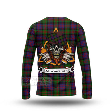 Tartan Vibes Clothing MacDonald (McDonald) Tartan Long Sleeve T-Shirt with Family Crest and Bearded Skull Holding Bottles of Whiskey