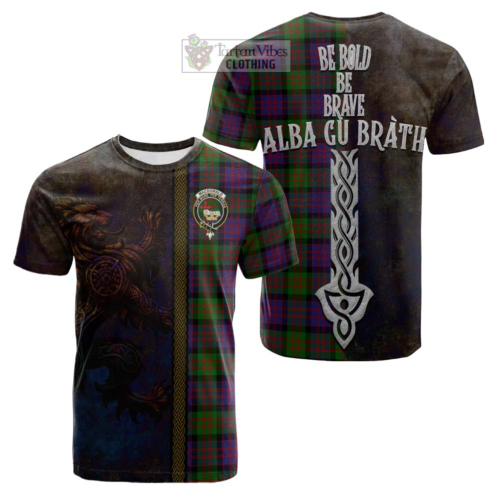 Tartan Vibes Clothing MacDonald (McDonald) Tartan Family Crest Cotton T-shirt Alba Gu Brath Be Brave Lion Ancient Style