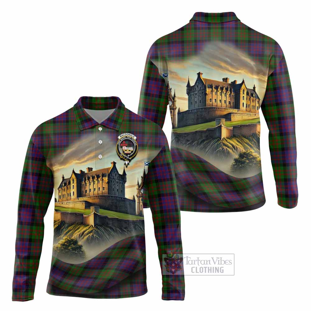 Tartan Vibes Clothing MacDonald (McDonald) Tartan Family Crest Long Sleeve Polo Shirt with Scottish Ancient Castle Style