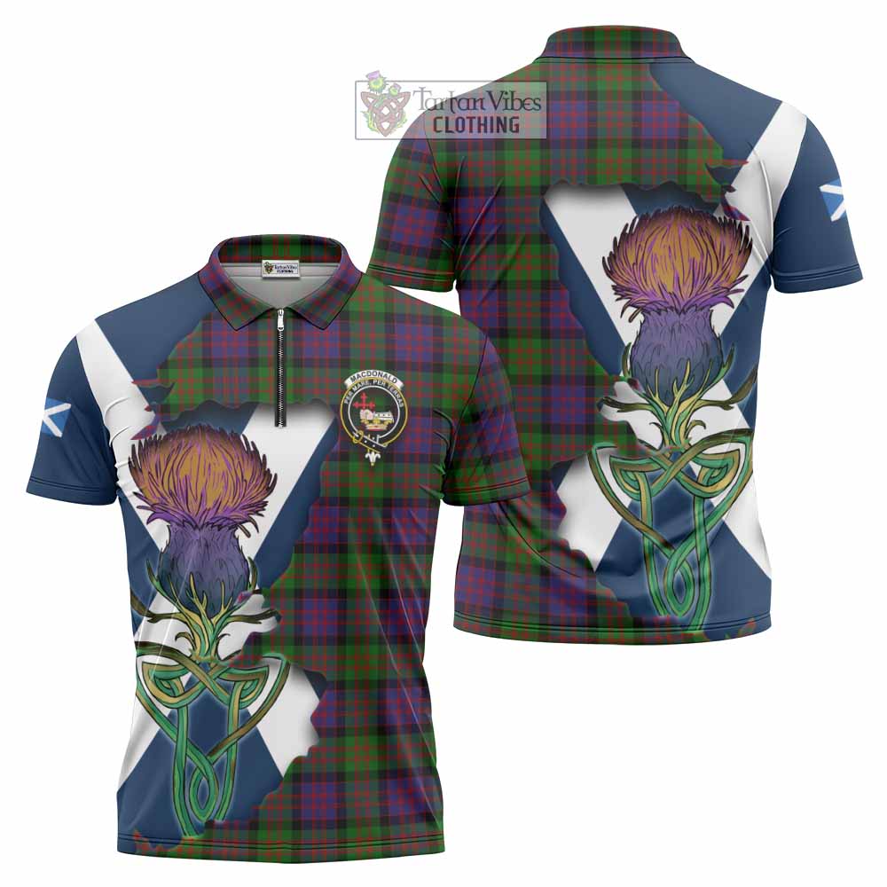 Tartan Vibes Clothing MacDonald (McDonald) Tartan Family Crest Zipper Polo Shirt Scottish Thistle Celtic Inspired