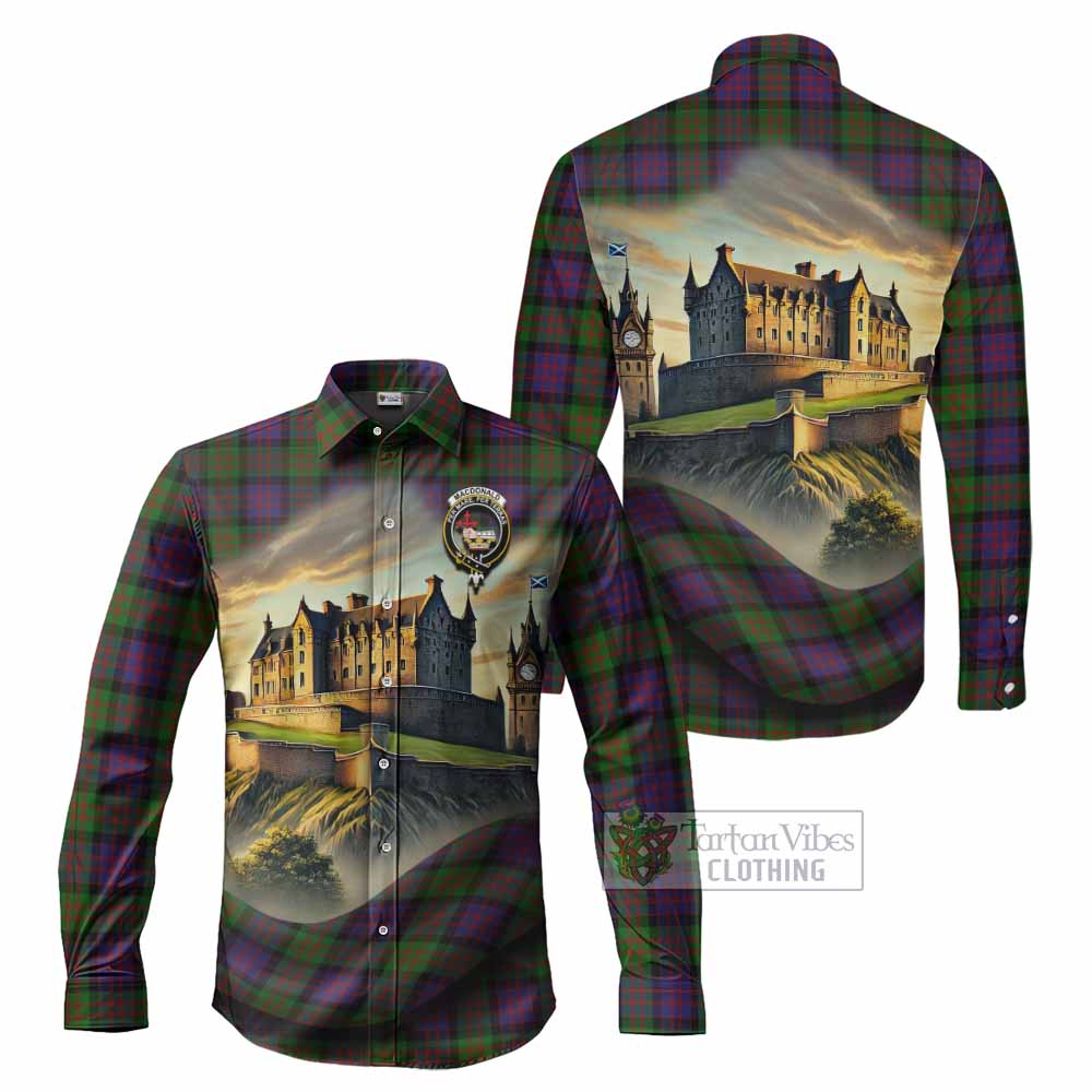 Tartan Vibes Clothing MacDonald (McDonald) Tartan Family Crest Long Sleeve Button Shirt with Scottish Ancient Castle Style