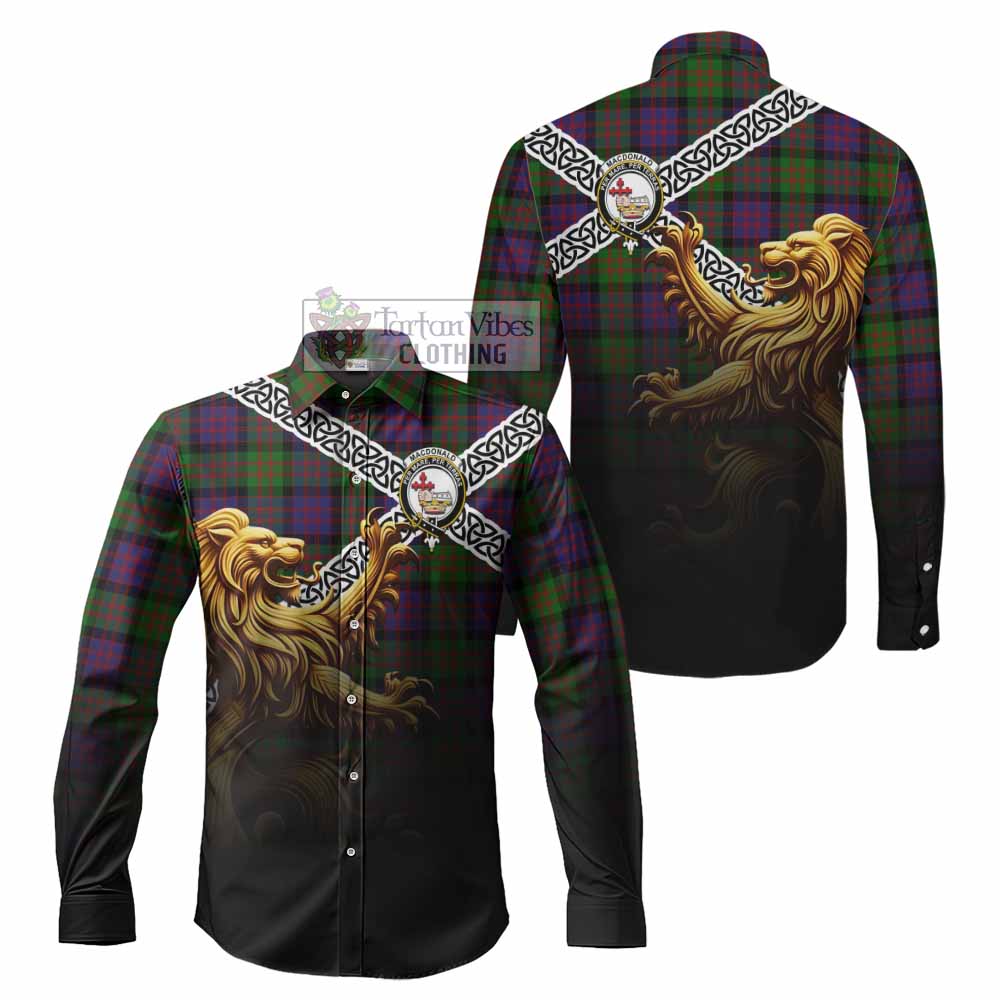 Tartan Vibes Clothing MacDonald (McDonald) Crest Tartan Long Sleeve Button Shirt with Golden Lion Emblem Celtic Style