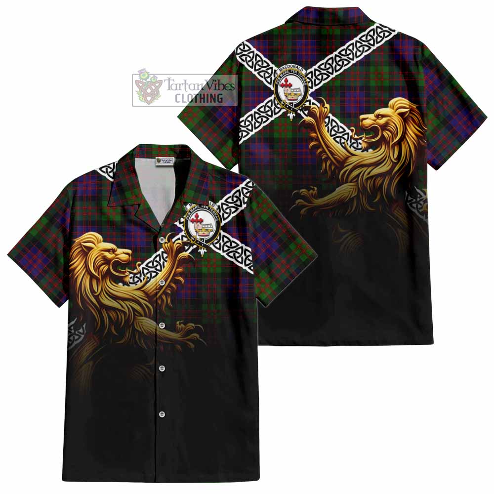 Tartan Vibes Clothing MacDonald (McDonald) Crest Tartan Short Sleeve Button Shirt with Golden Lion Emblem Celtic Style