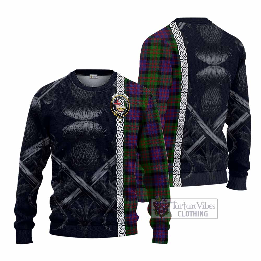 Tartan Vibes Clothing MacDonald (McDonald) Tartan Knitted Sweater with Family Crest Cross Sword Thistle Celtic Vibes