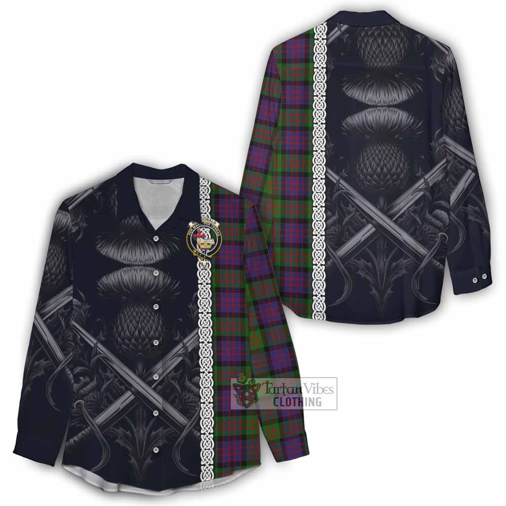 Tartan Vibes Clothing MacDonald (McDonald) Tartan Women's Casual Shirt with Family Crest Cross Sword Thistle Celtic Vibes