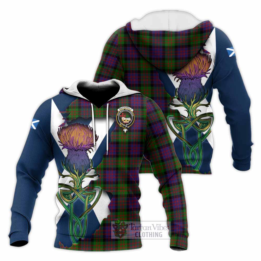 Tartan Vibes Clothing MacDonald (McDonald) Tartan Family Crest Knitted Hoodie Scottish Thistle Celtic Inspired