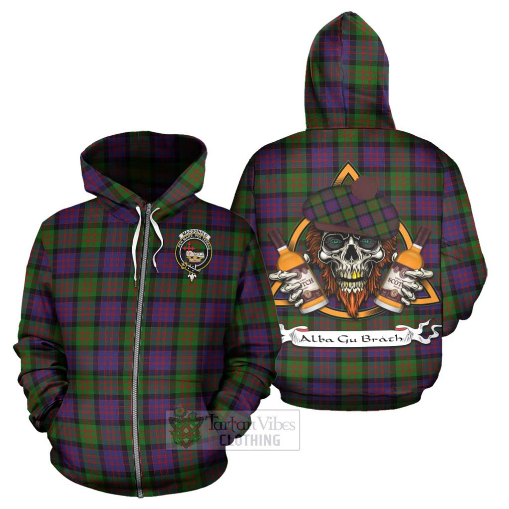 Tartan Vibes Clothing MacDonald (McDonald) Tartan Hoodie with Family Crest and Bearded Skull Holding Bottles of Whiskey