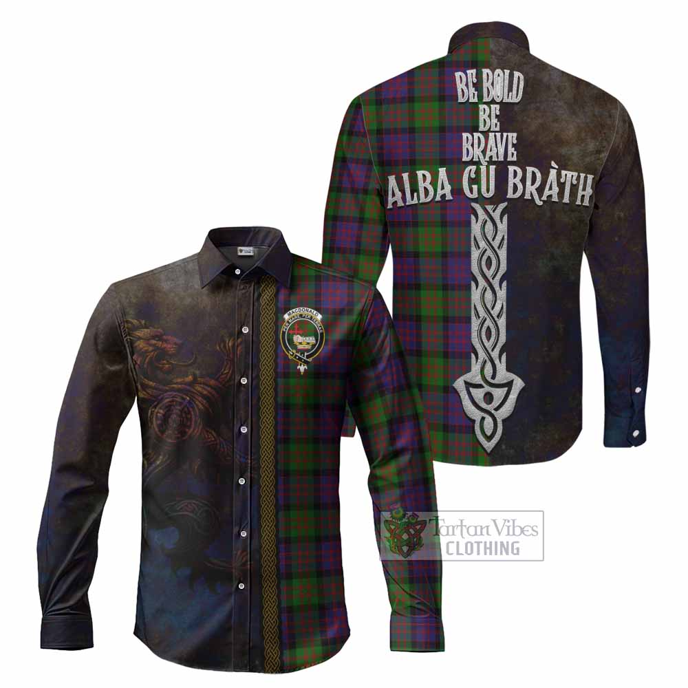 Tartan Vibes Clothing MacDonald (McDonald) Tartan Family Crest Long Sleeve Button Shirt Alba Gu Brath Be Brave Lion Ancient Style