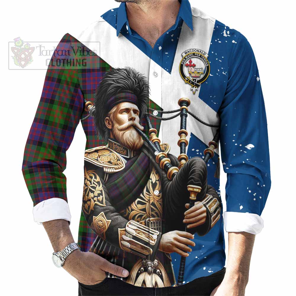 Tartan Vibes Clothing MacDonald (McDonald) Tartan Long Sleeve Button Shirt with Family Crest Scottish Bagpiper Vibes