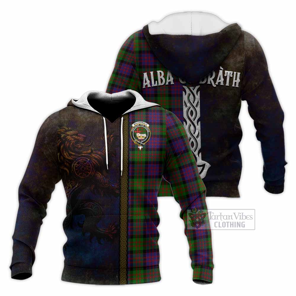 Tartan Vibes Clothing MacDonald (McDonald) Tartan Family Crest Knitted Hoodie Alba Gu Brath Be Brave Lion Ancient Style