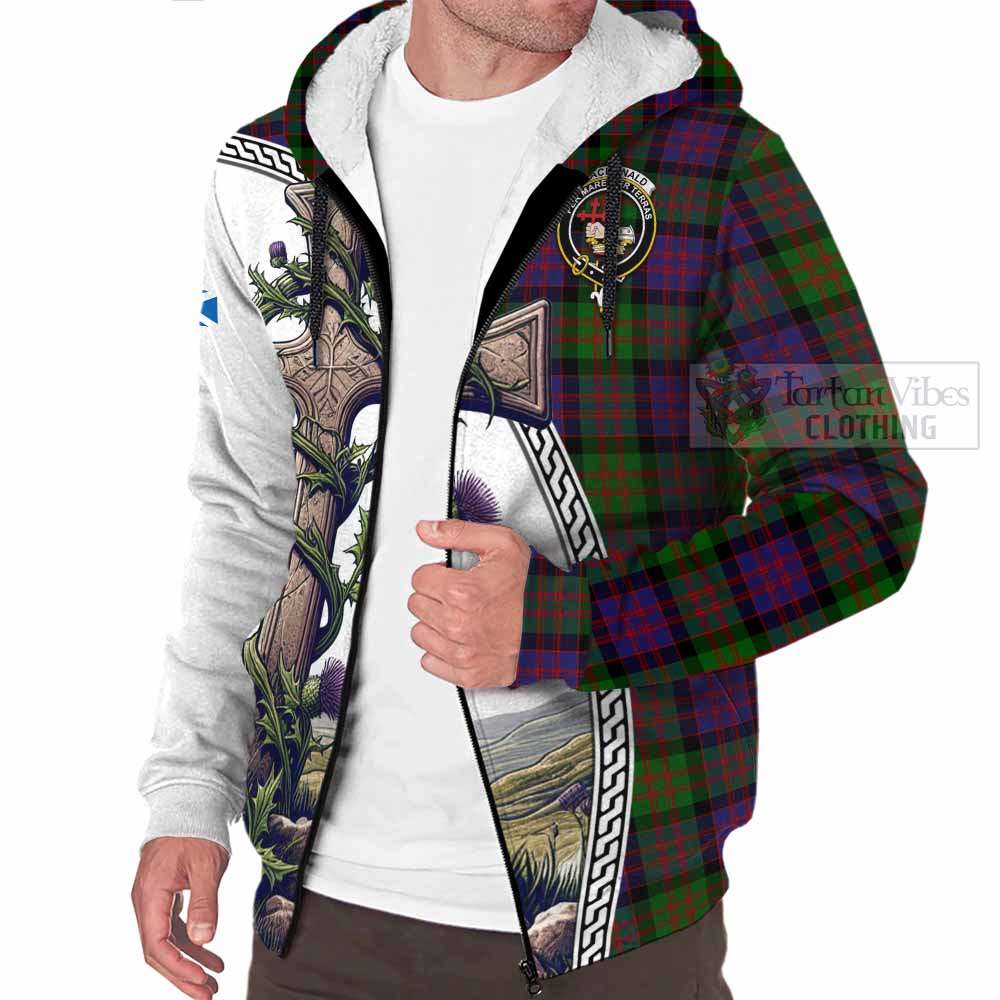 Tartan Vibes Clothing MacDonald (McDonald) Tartan Sherpa Hoodie with Family Crest and St. Andrew's Cross Accented by Thistle Vines