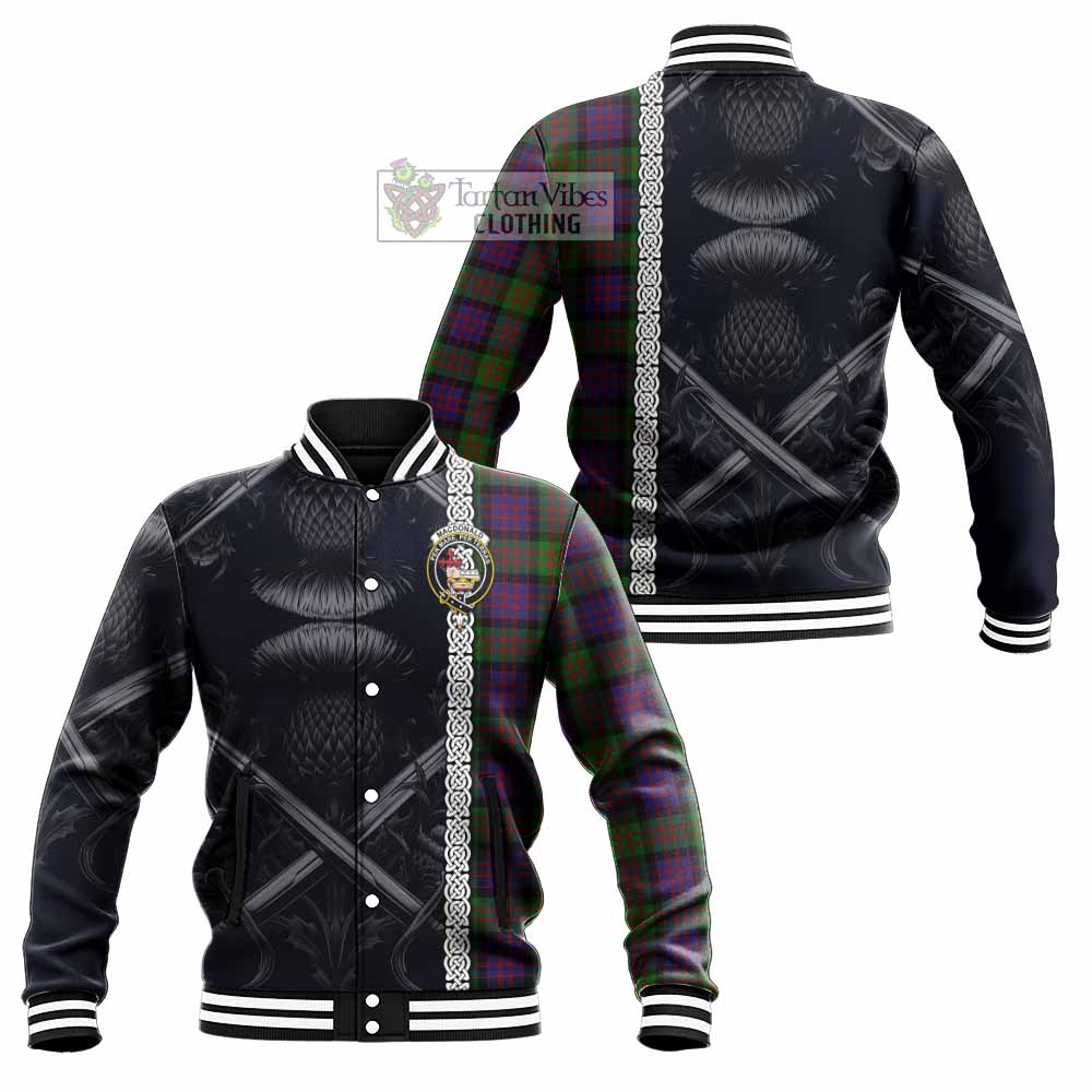 Tartan Vibes Clothing MacDonald (McDonald) Tartan Baseball Jacket with Family Crest Cross Sword Thistle Celtic Vibes