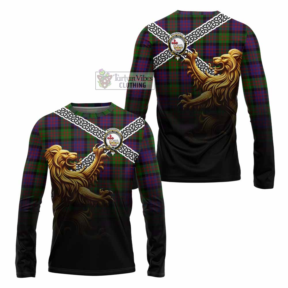 Tartan Vibes Clothing MacDonald (McDonald) Crest Tartan Long Sleeve T-Shirt with Golden Lion Emblem Celtic Style