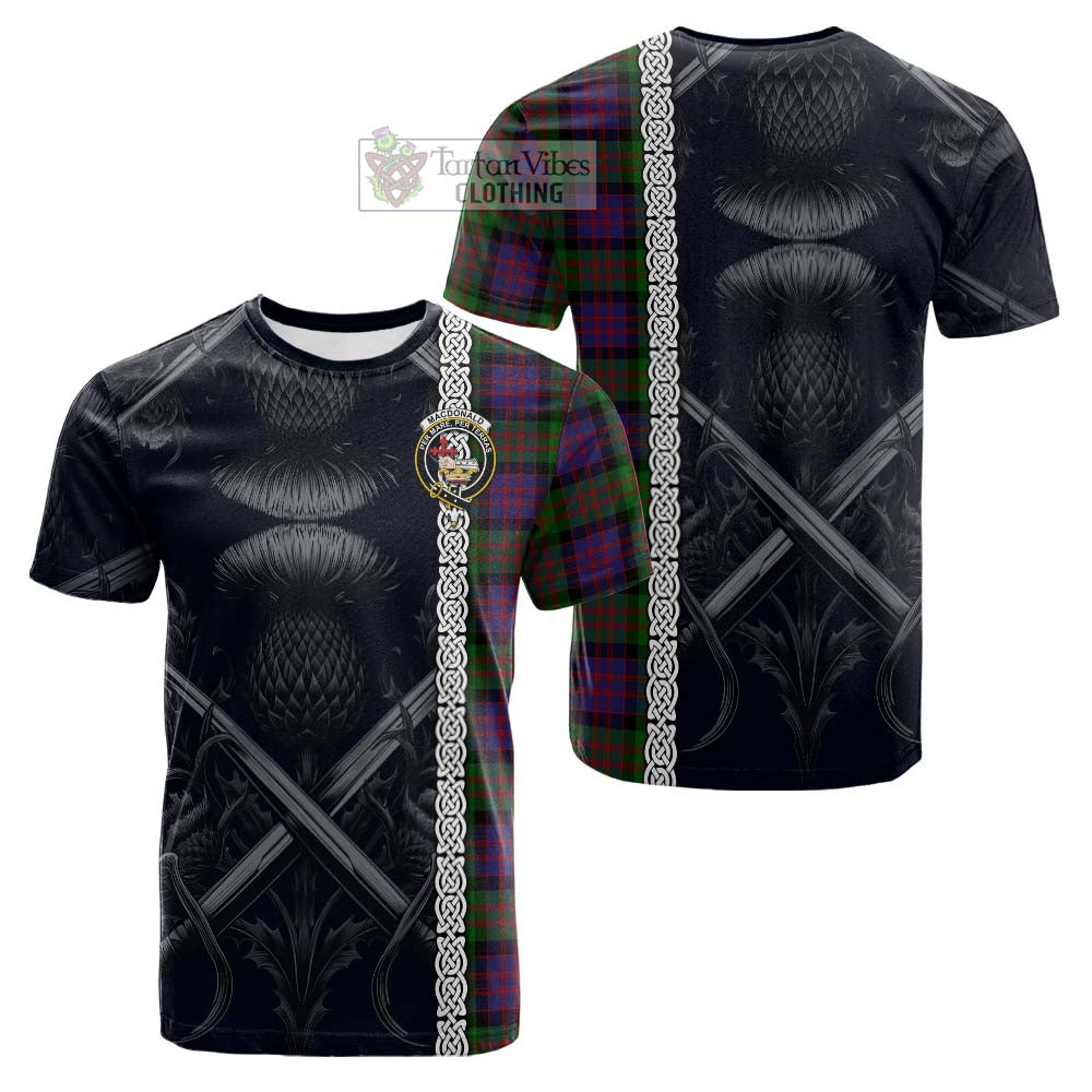 Tartan Vibes Clothing MacDonald (McDonald) Tartan Cotton T-shirt with Family Crest Cross Sword Thistle Celtic Vibes