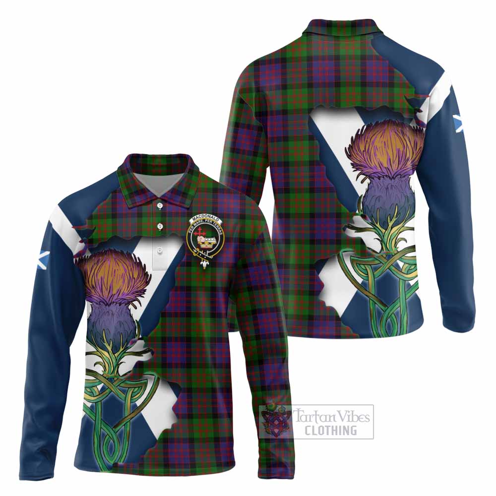 Tartan Vibes Clothing MacDonald (McDonald) Tartan Family Crest Long Sleeve Polo Shirt Scottish Thistle Celtic Inspired