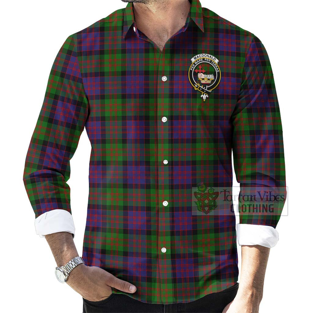 Tartan Vibes Clothing MacDonald (McDonald) Tartan Long Sleeve Button Shirt with Family Crest and Bearded Skull Holding Bottles of Whiskey
