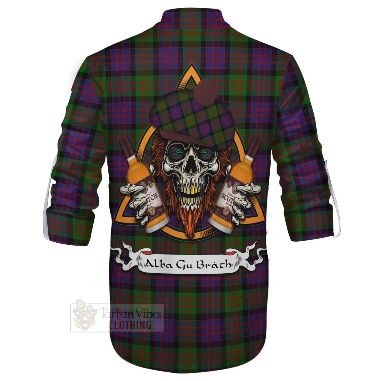 Tartan Vibes Clothing MacDonald (McDonald) Tartan Ghillie Kilt Shirt with Family Crest and Bearded Skull Holding Bottles of Whiskey