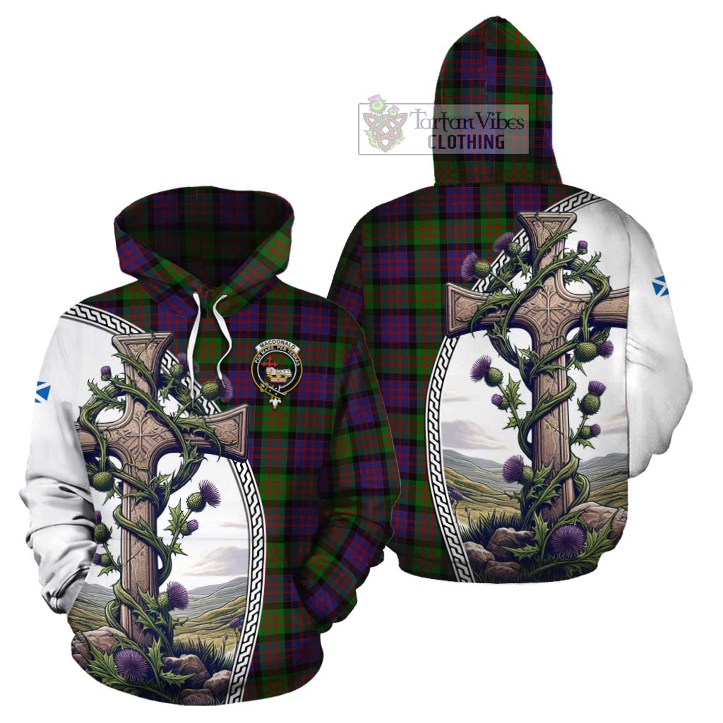 Tartan Vibes Clothing MacDonald (McDonald) Tartan Cotton Hoodie with Family Crest and St. Andrew's Cross Accented by Thistle Vines