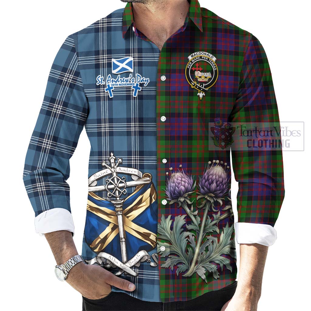 Tartan Vibes Clothing MacDonald (McDonald) Tartan Long Sleeve Button Shirt Happy St. Andrew's Day Half Tartan Style