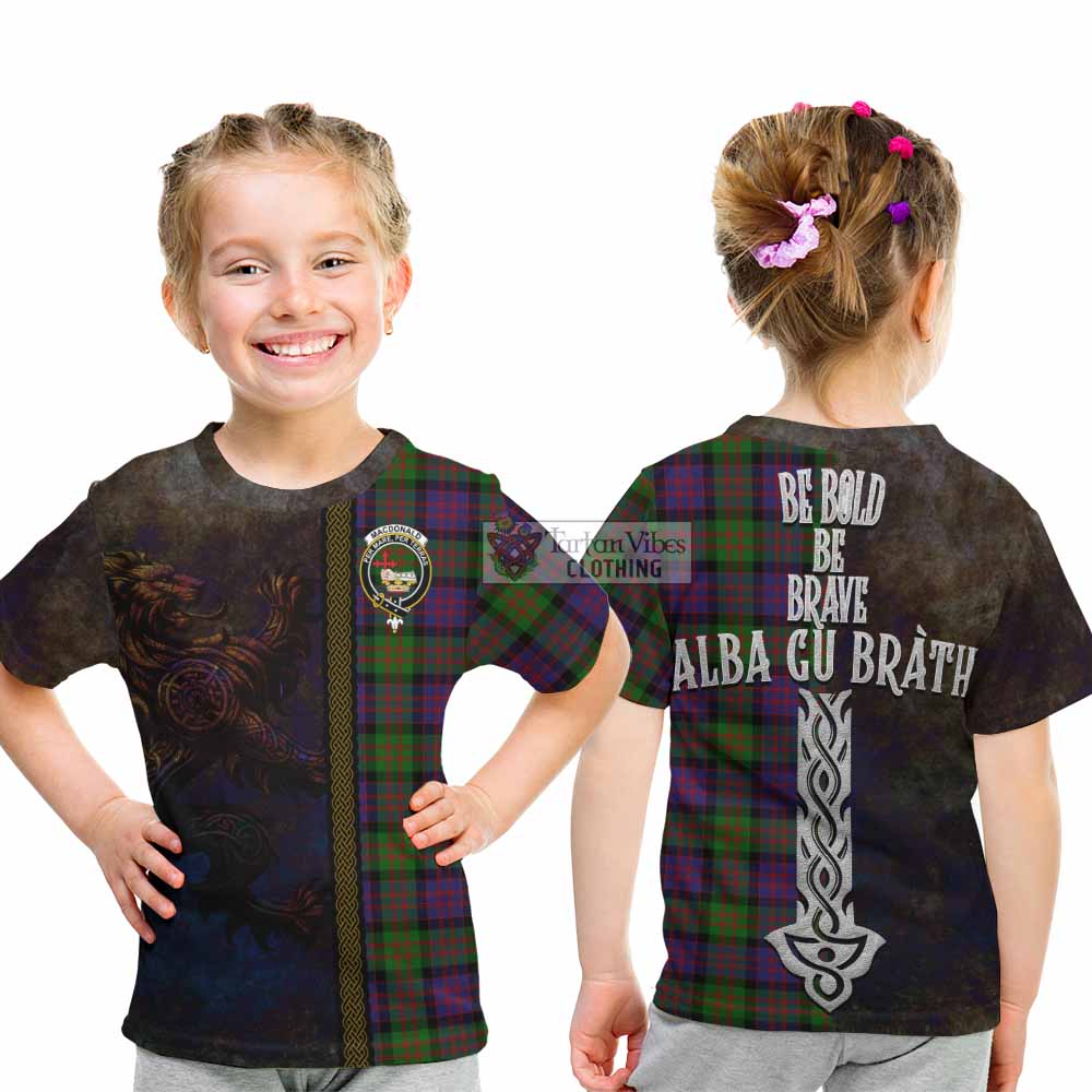 Tartan Vibes Clothing MacDonald (McDonald) Tartan Family Crest Kid T-Shirt Alba Gu Brath Be Brave Lion Ancient Style