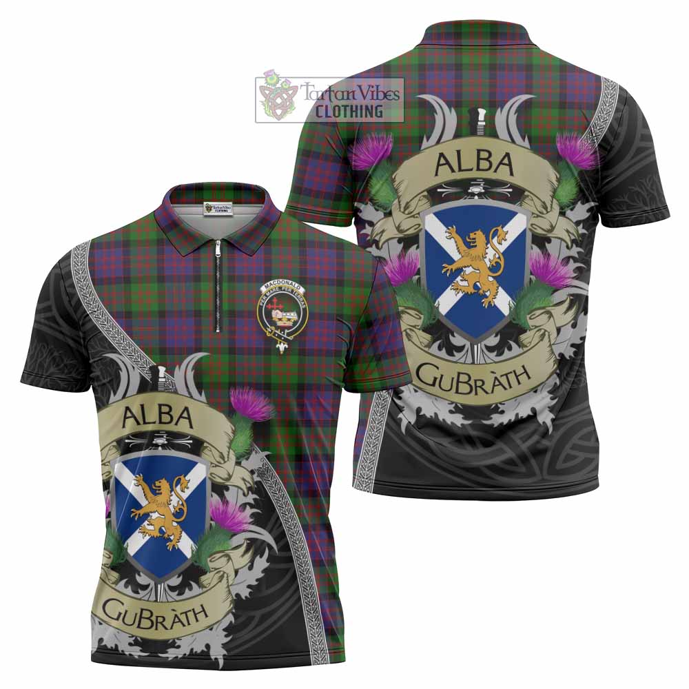Tartan Vibes Clothing MacDonald (McDonald) Tartan Family Crest Zipper Polo Shirt Lion Rampant Royal Thistle Shield Celtic Inspired