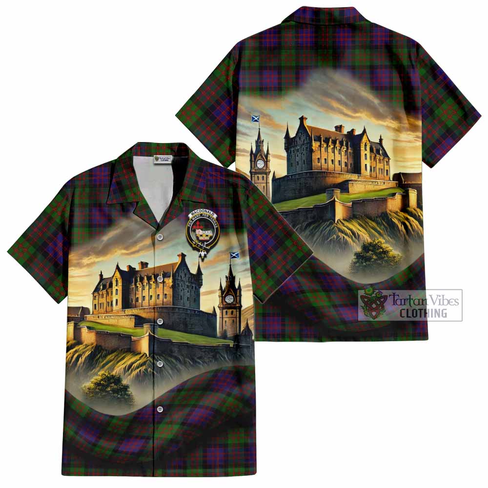 Tartan Vibes Clothing MacDonald (McDonald) Tartan Family Crest Short Sleeve Button Shirt with Scottish Ancient Castle Style
