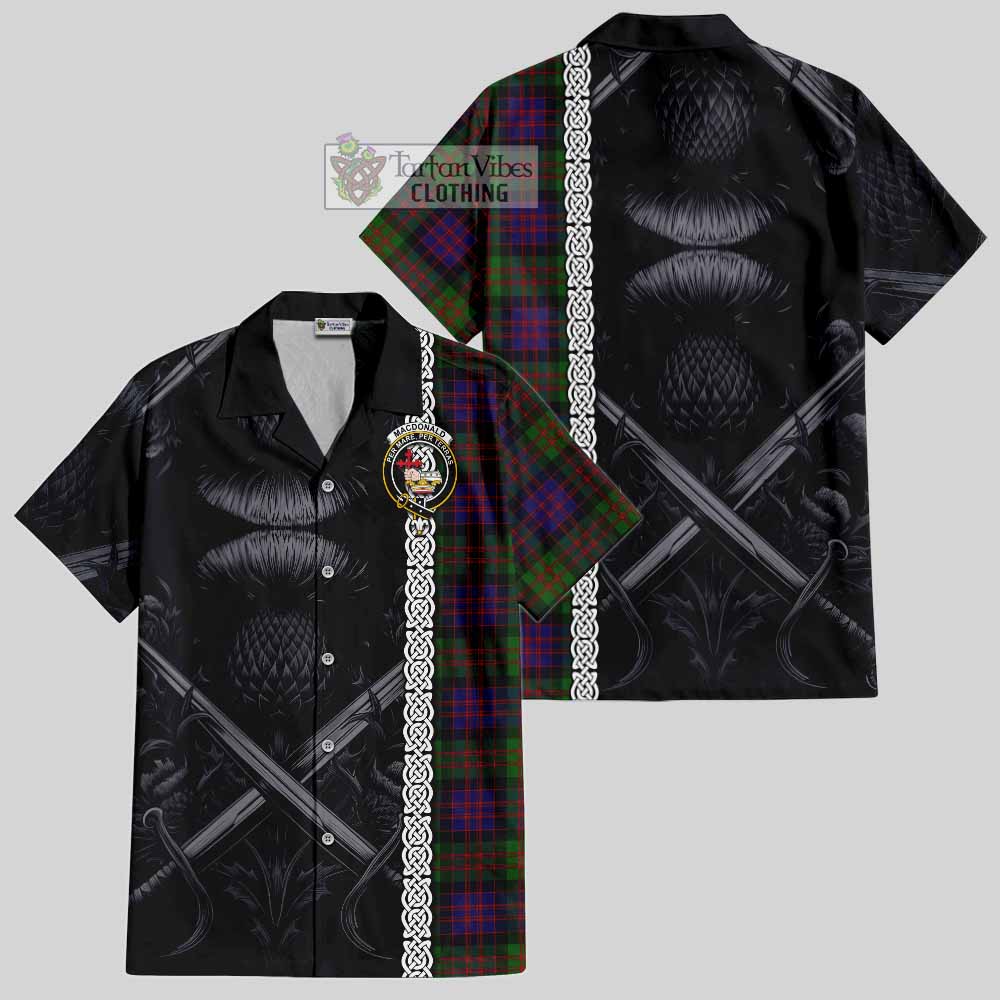Tartan Vibes Clothing MacDonald (McDonald) Tartan Short Sleeve Button Shirt with Family Crest Cross Sword Thistle Celtic Vibes