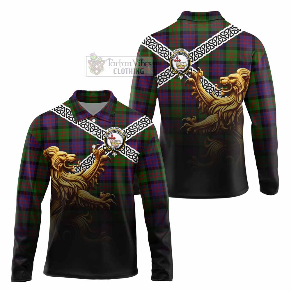 Tartan Vibes Clothing MacDonald (McDonald) Crest Tartan Long Sleeve Polo Shirt with Golden Lion Emblem Celtic Style