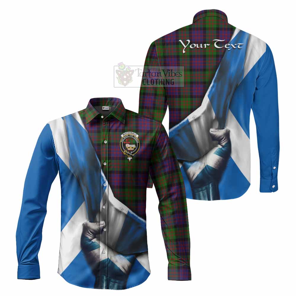 Tartan Vibes Clothing MacDonald (McDonald) Tartan Long Sleeve Button Shirt with Family Crest Scotland Patriotic Style