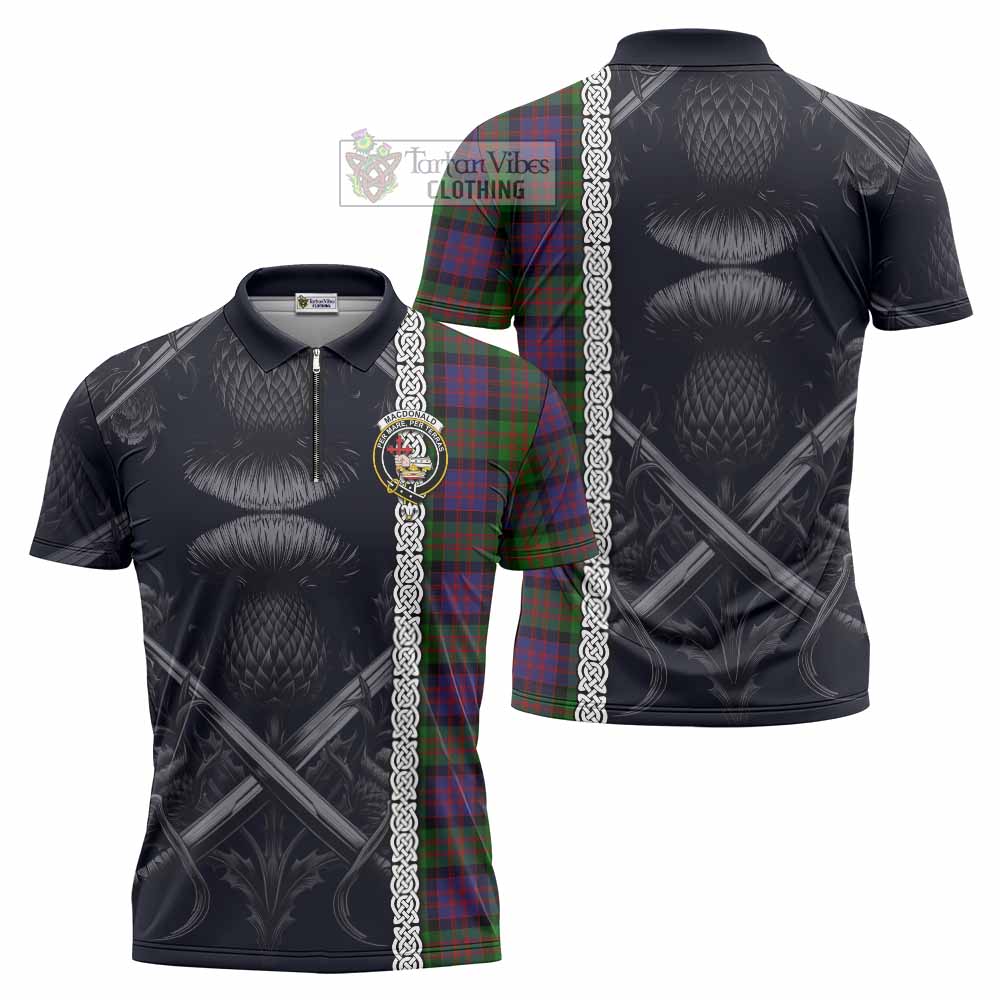 Tartan Vibes Clothing MacDonald (McDonald) Tartan Zipper Polo Shirt with Family Crest Cross Sword Thistle Celtic Vibes