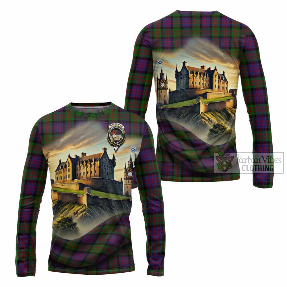 Tartan Vibes Clothing MacDonald (McDonald) Tartan Family Crest Long Sleeve T-Shirt with Scottish Ancient Castle Style