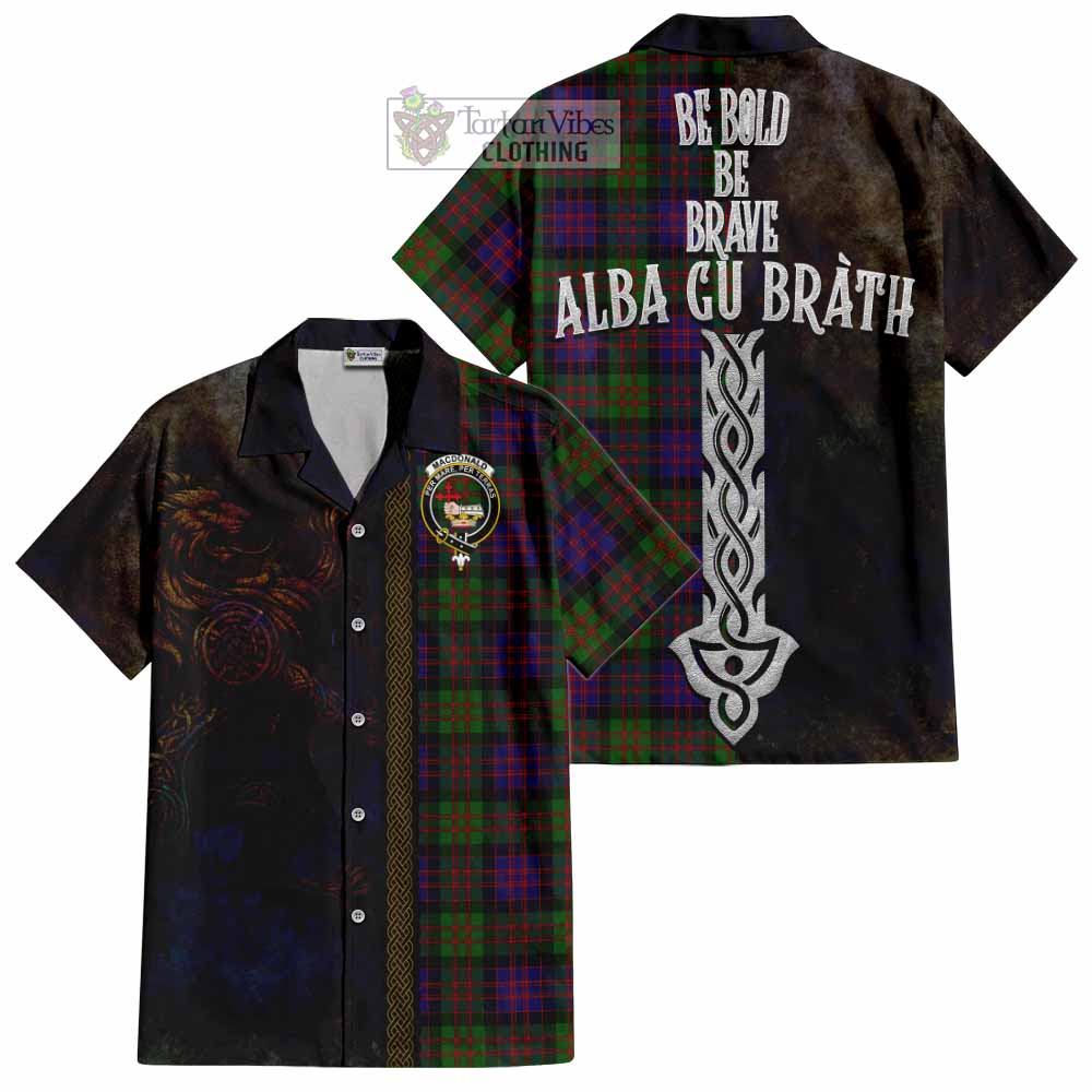 Tartan Vibes Clothing MacDonald (McDonald) Tartan Family Crest Short Sleeve Button Shirt Alba Gu Brath Be Brave Lion Ancient Style
