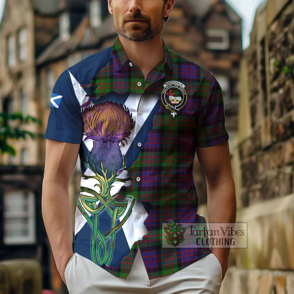 Tartan Vibes Clothing MacDonald (McDonald) Tartan Family Crest Short Sleeve Button Shirt Scottish Thistle Celtic Inspired
